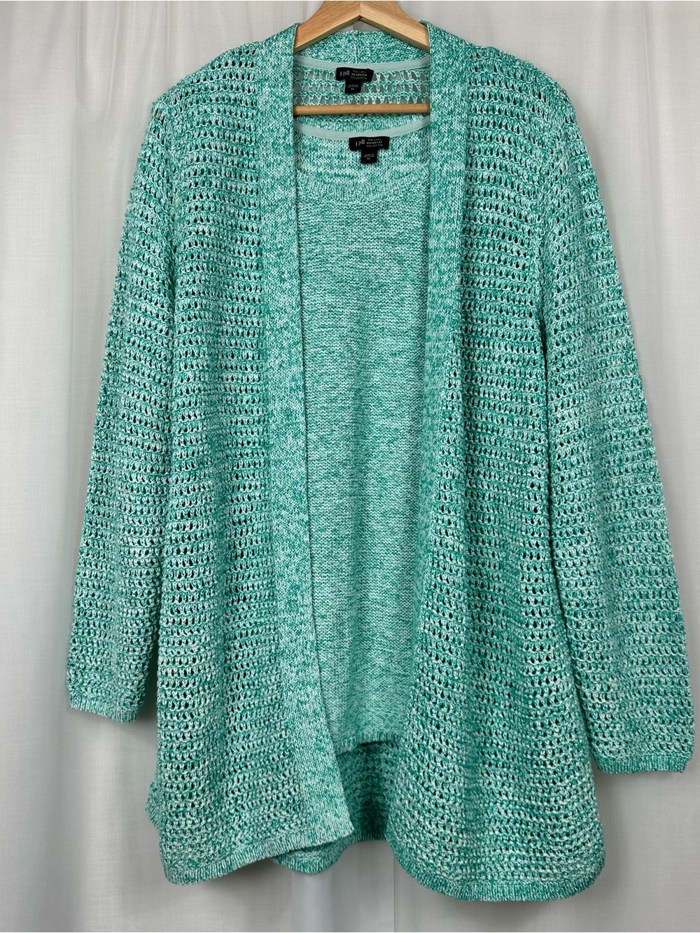 NWT J Jill Wearever Twinset XL Verdigris Cream Marled Crochet Knit Cardigan Tank